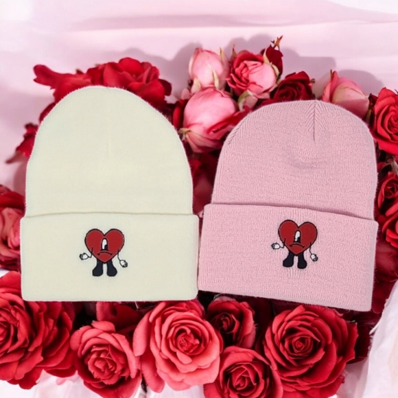 Embroidered Bad Bunny Heart in Pink or White Knit Beanie - Picture 2 of 6